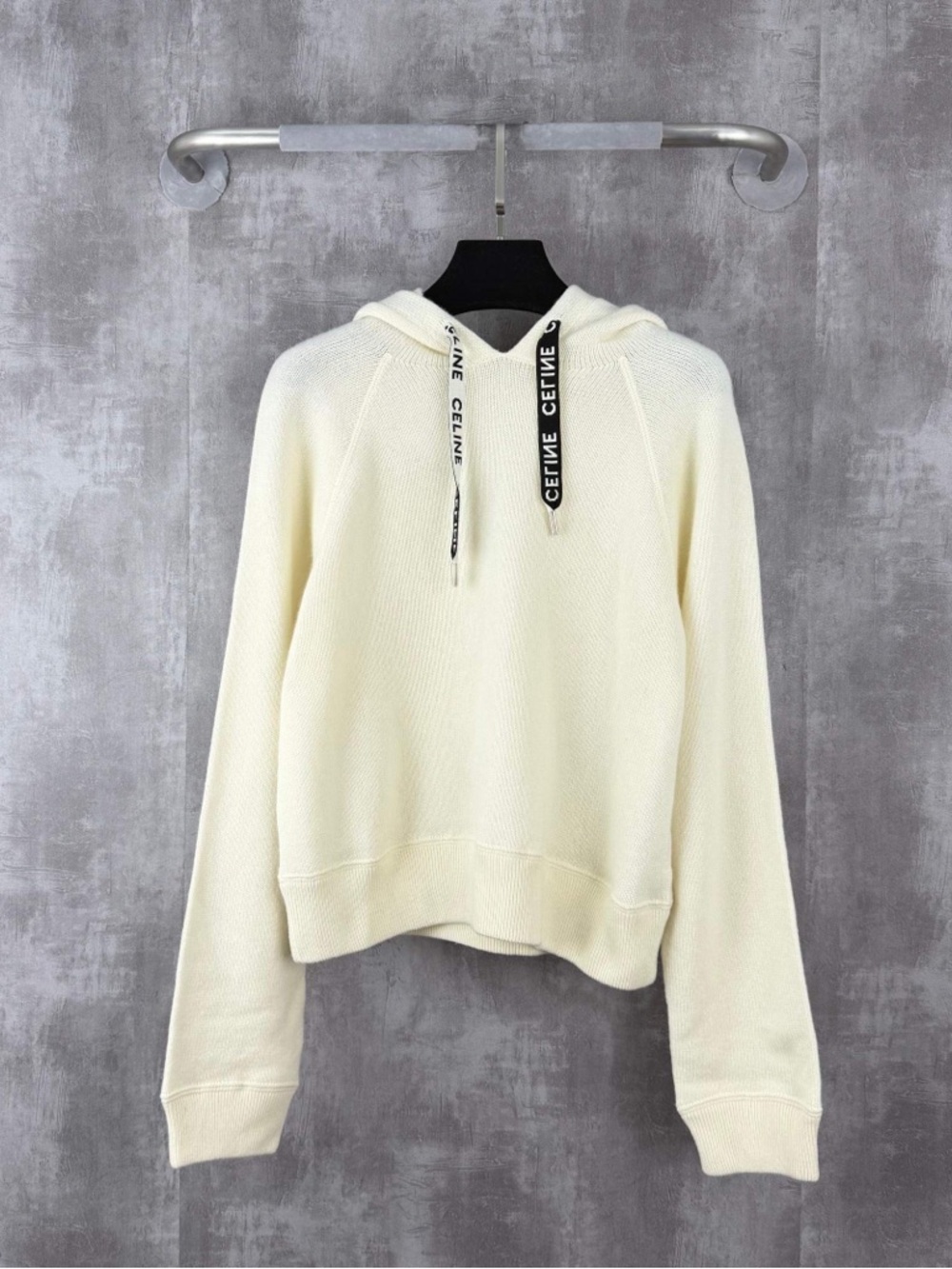 Authentic Celine Ivory Knit Hoodie with Branded Black Drawstrings